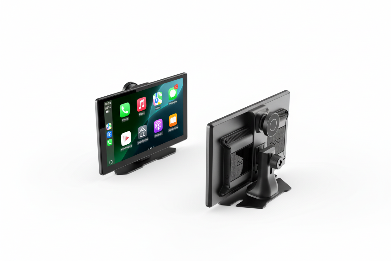 Vue avant et arrière d’un écran CarPlay portable pour voiture avec support de tableau de bord et interface Apple CarPlay affichée.